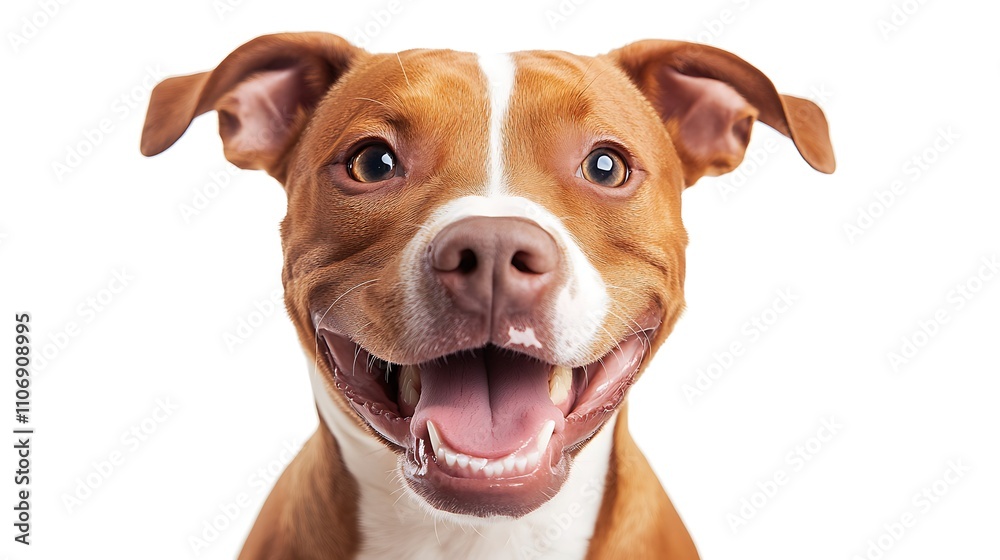 A brown and white dog with a big smile on its face A brown and white dog with a big smile on its face