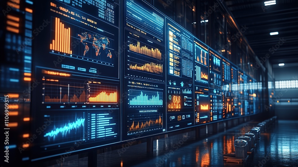 Futuristic control room with digital dashboards displaying data analytics and global information. Futuristic control room with digital dashboards displaying data analytics and global information.