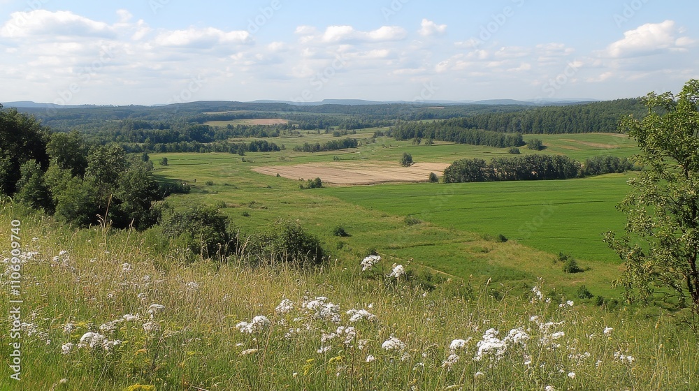 Rural Landscape with Green Fields and a Distant Town Rural Landscape with Green Fields and a Distant Town