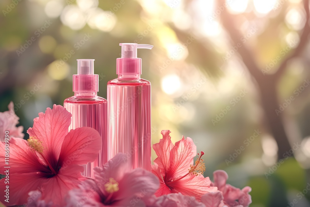 Hibiscus Beauty Products, Shampoo, Cosmetics, Oil, Mock-up Products, Generative AI Hibiscus Beauty Products, Shampoo, Cosmetics, Oil, Mock-up Products, Generative AI