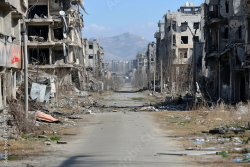 Desolate urban street amid war-torn buildings, evoking abandonment and destruction. photo