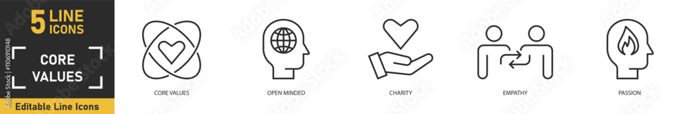 Core Values line icon set. Set of 5 outline icons related to core values, open minded, charity, empathy, passion and more. Vector illustration. Core Values line icon set. Set of 5 outline icons related to core values, open minded, charity, empathy, passion and more. Vector illustration.