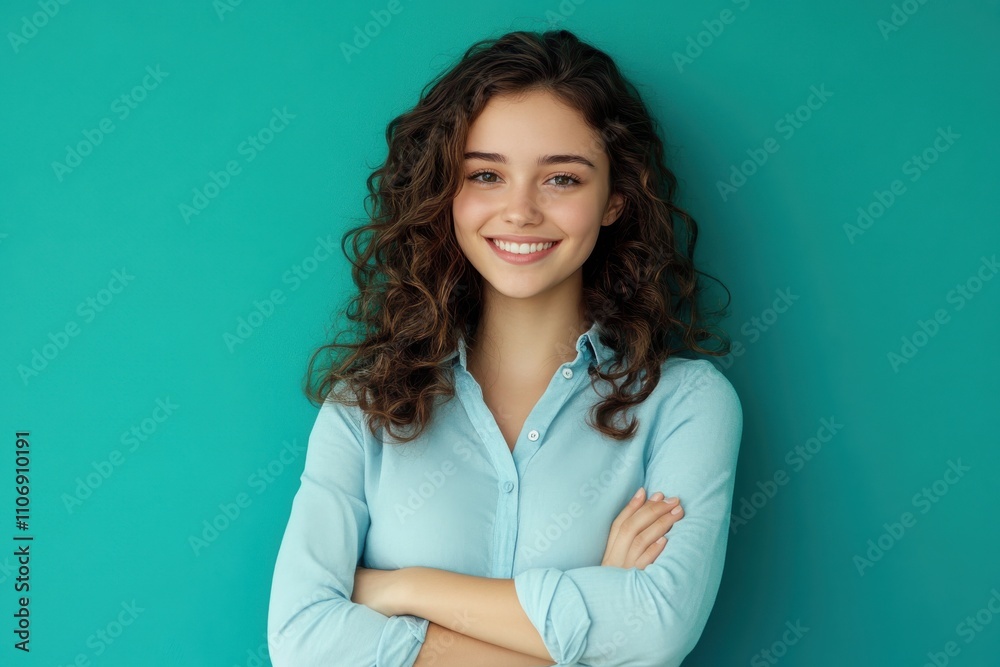 Portrait young woman curly brown hair warm smile light blue shirt arms crossed confident Portrait young woman curly brown hair warm smile light blue shirt arms crossed confident