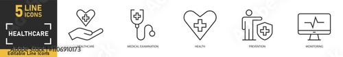 Healthcare line icon set. Set of 5 outline icons related to healthcare, medical examination, health, prevention, monitoring and more. Vector illustration.
