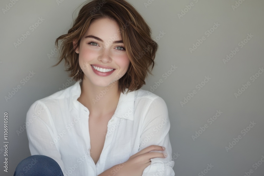 Portrait young woman short wavy brown hair bright smile white button-up blouse casual style arms crossed Portrait young woman short wavy brown hair bright smile white button-up blouse casual style arms crossed