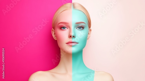 Artistic face paint, woman with vibrant blue and pink makeup creative portrait photography