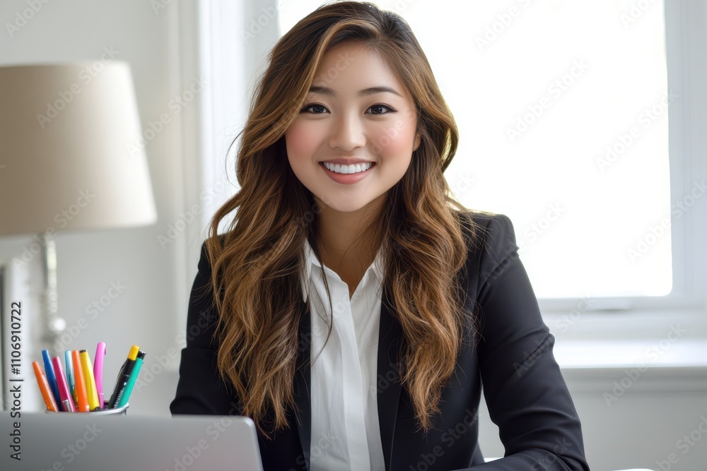Professional Asian woman office setting bright natural light laptop computer desk business attire Professional Asian woman office setting bright natural light laptop computer desk business attire