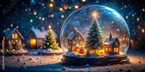 Enchanting Night Photography of a Tiny Christmas Village Inside a Snow Globe, Capturing the Magic of Winter with Twinkling Lights and Snowflakes Falling Gently