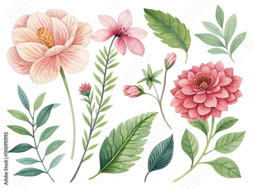 Watercolor Flower and leaf collection
