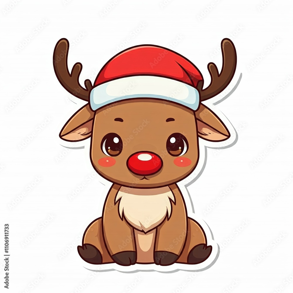 Fototapeta premium Christmas reindeer chibi with bright red nose, wearing Santa hat, Sticker border on plain white background.