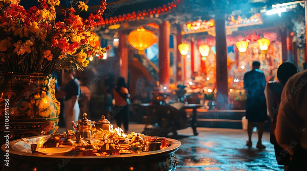 Vibrant temple scene filled with light, flowers, and decor. Vibrant temple scene filled with light, flowers, and decor.