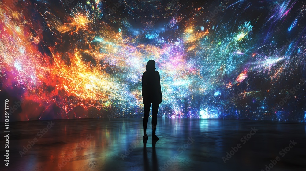 A silhouetted figure against a vibrant cosmic backdrop. A silhouetted figure against a vibrant cosmic backdrop.
