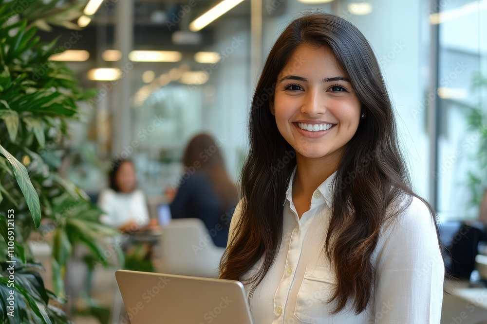 Professional office environment young woman in white button-up shirt confident smile long dark hair holding laptop Professional office environment young woman in white button-up shirt confident smile long dark hair holding laptop