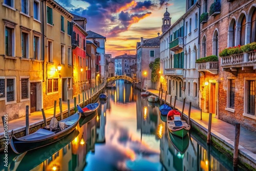 Enchanting Romantic Venice: A Dreamy Low Light Painting of Canals and Gondolas Reflecting the Mystique of Italian Nights