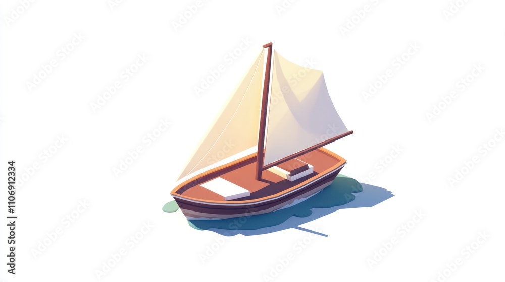 A small sailboat with white sails floating on calm water. A small sailboat with white sails floating on calm water.