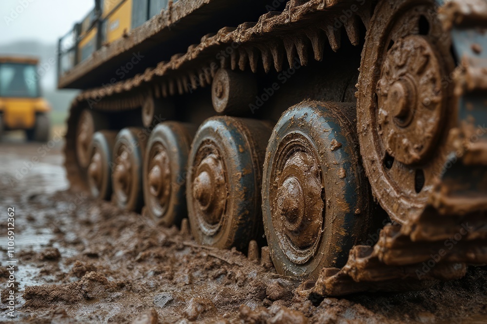 Mud Covered Tracked Vehicle Wheels In The Dirt