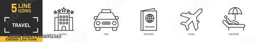 Travel line icon set. Set of 5 outline icons related to hotel, taxi, passport, plane, vacation and more. Vector illustration.