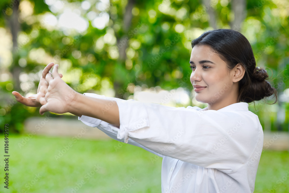 Office worker woman stretching arm muscle in the park during break time, short working out in urban garden Office worker woman stretching arm muscle in the park during break time, short working out in urban garden
