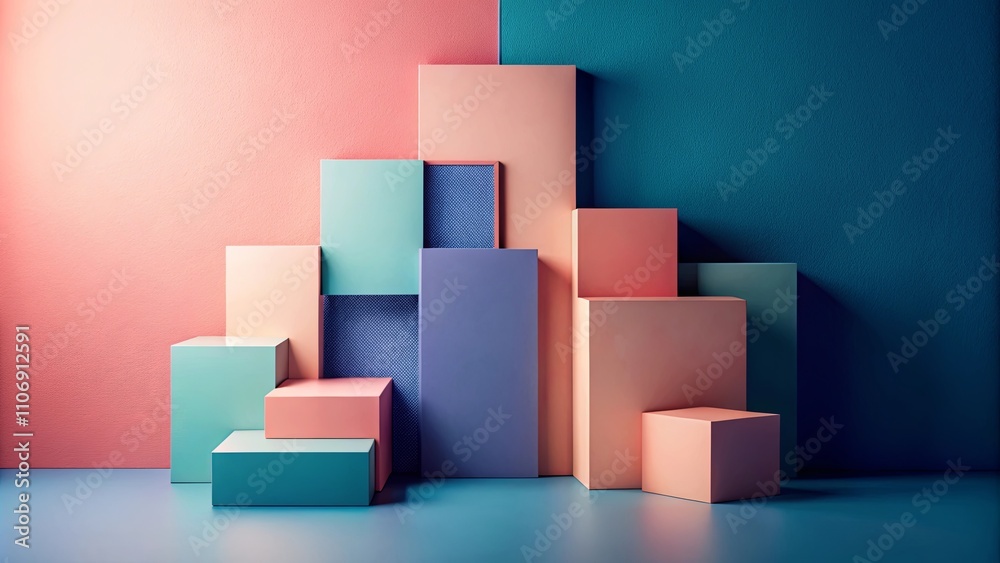 Abstract pastel geometric shapes composition against a two-toned wall Abstract pastel geometric shapes composition against a two-toned wall