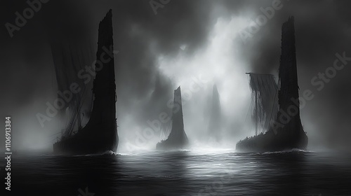 Dark, misty seascape with tall, silhouetted rock formations.