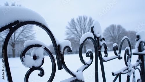 Generative AI,Snow-Covered Wrought-Iron Fence with Winter Backdrop