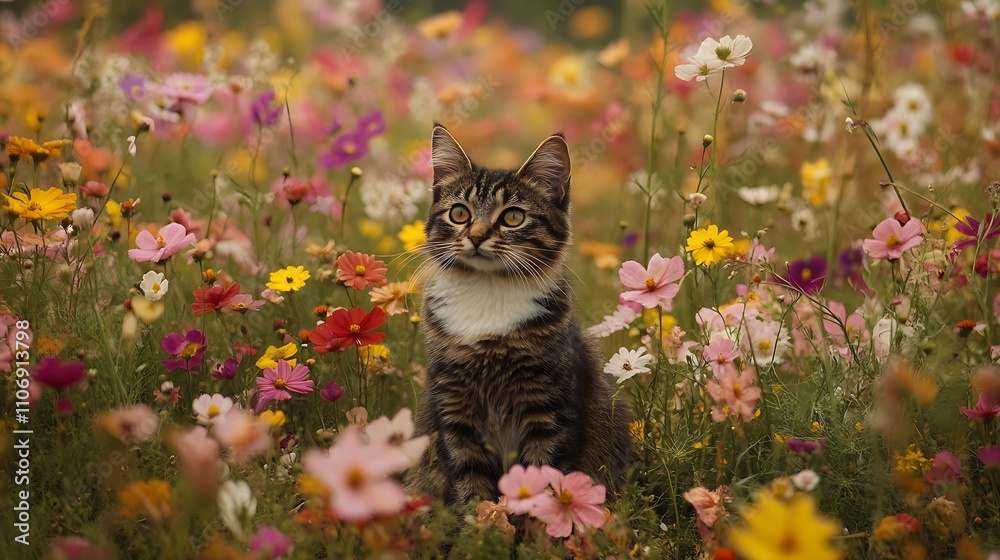 A cat is sitting in a field of flowers A cat is sitting in a field of flowers