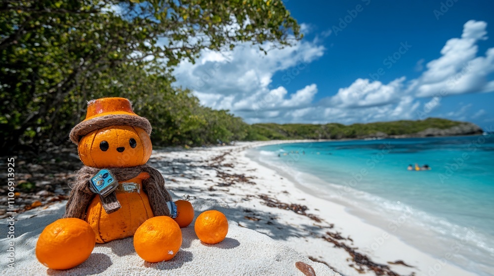Naklejka premium A whimsical orange figure sits on a beach, surrounded by nature and clear blue waters.
