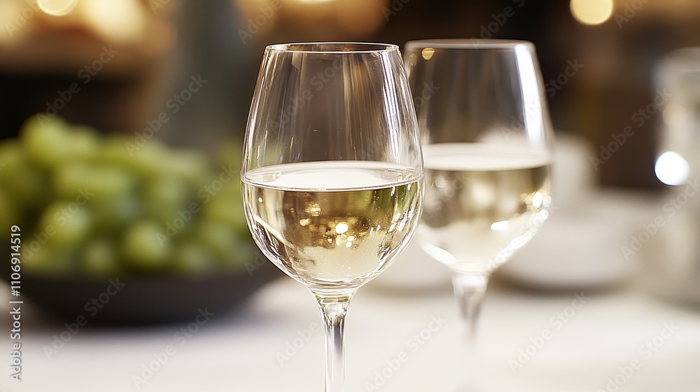 Two Glasses of White Wine on a Table with Grapes in the Background Two Glasses of White Wine on a Table with Grapes in the Background