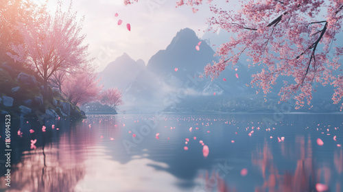 View of cherry blossoms along the river with petals falling on the water surface, the background is a mountain covered in light mist, Ai generated images