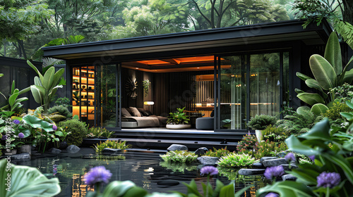 Outdoor, featuring a black house set against a backdrop of tropical plants, illustrating the calming effect of dark colors. photo