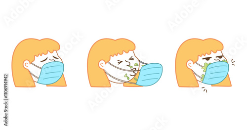 Person wearing mask suffering from stuffy and runny nose during allergy season or covid. Blonde woman sneezes her snots or blows her nose. Vector illustration, funny cartoon character. 