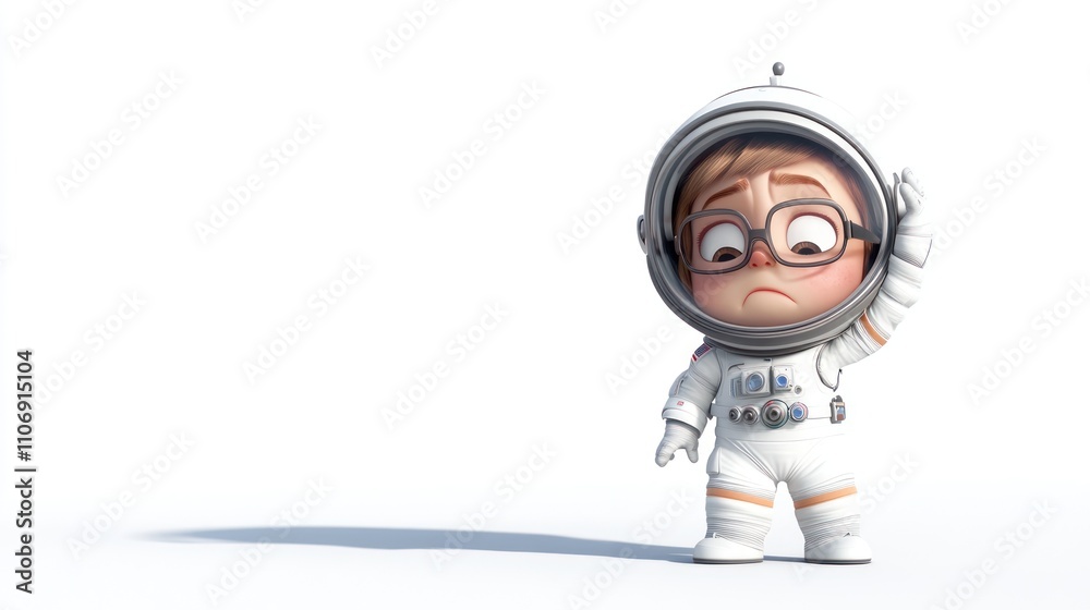 A young cartoon astronaut looks uncertain while waving in a minimalist space setting. A young cartoon astronaut looks uncertain while waving in a minimalist space setting.