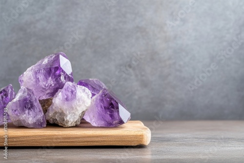 gemstone photography, amethyst gemstones on a wooden board in a cozy, dimly lit room with soft ambient lighting, vibrant hues and space for text photo