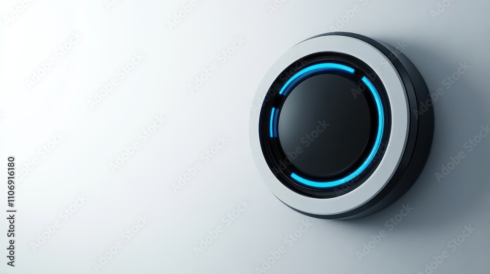 A modern thermostat with a sleek design and illuminated ring for temperature control. A modern thermostat with a sleek design and illuminated ring for temperature control.
