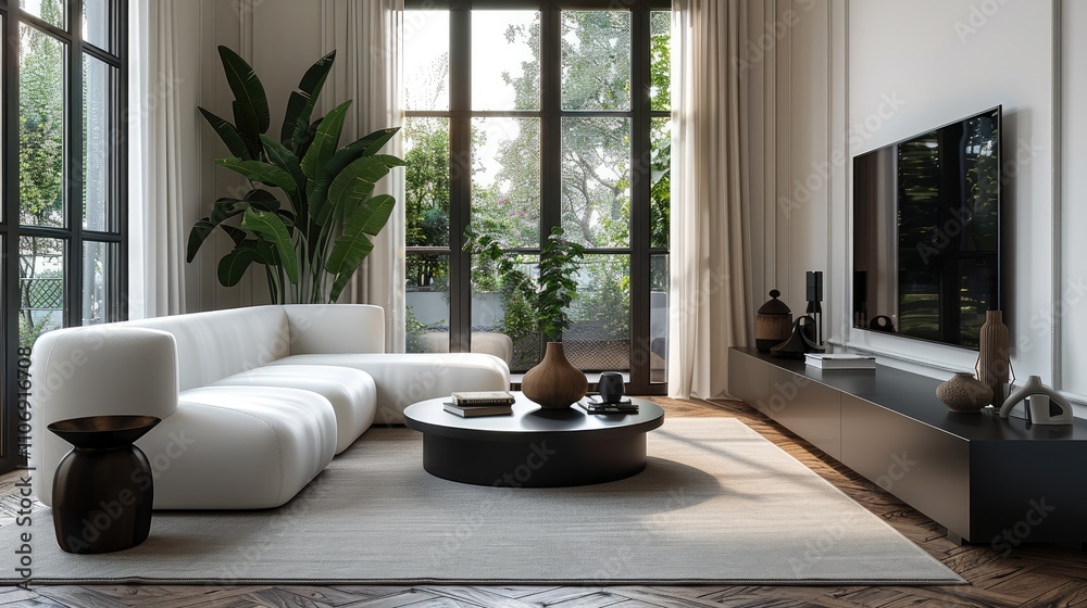 Modern, sleek, large, living room, sideboard with a combination of dark black oak veneer and matte lacquer finish.