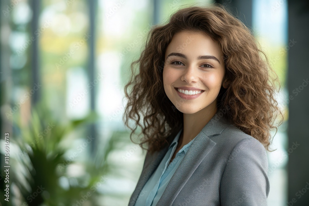 Professional woman mid-length curly brown hair warm smile grey blazer light blue blouse Professional woman mid-length curly brown hair warm smile grey blazer light blue blouse