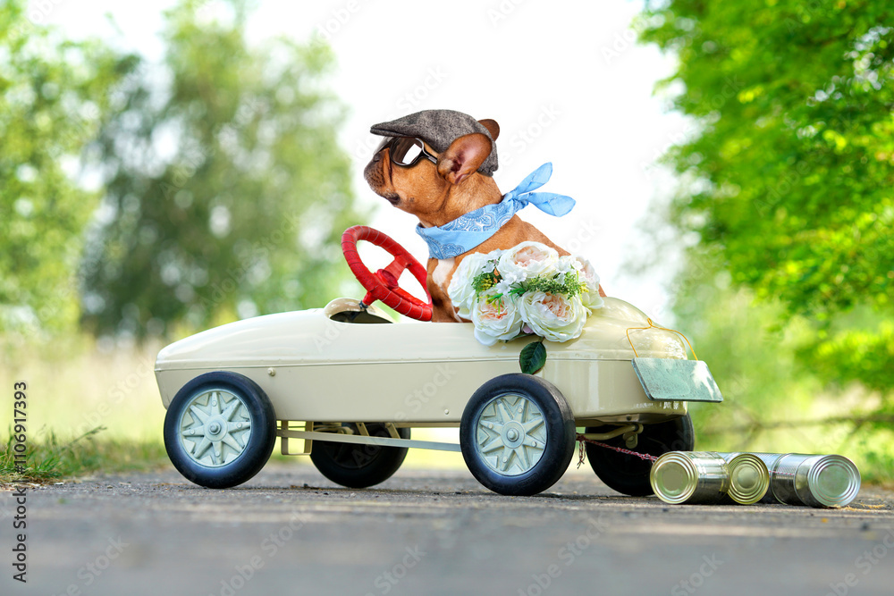 French bulldog is riding a wedding car with just married sign, flower bouquet and cans attached on the way at honeymoon French bulldog is riding a wedding car with just married sign, flower bouquet and cans attached on the way at honeymoon