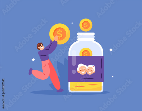 retirement savings concept. money to prepare for old age and retirement. investment for old age. finance and preparation. illustration of a young man saving money into a jar. flat style design. elemen
