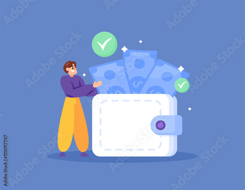 the concept of e-wallet or electronic wallet. safe and reliable online money storage or banking. illustration of a man with a wallet containing money. customers and finance. flat style design. element