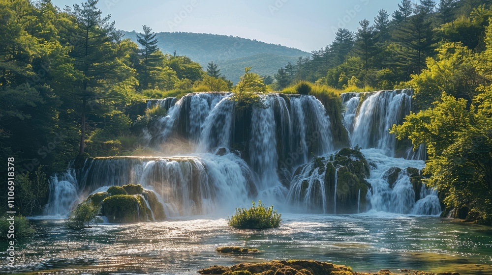Obraz premium Sunlight rays catching the top of a roaring waterfall surrounded by trees.