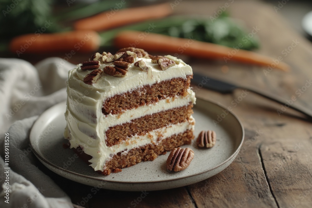 Slice of layered carrot cake cream cheese frosting pecan nuts rustic wooden table Slice of layered carrot cake cream cheese frosting pecan nuts rustic wooden table