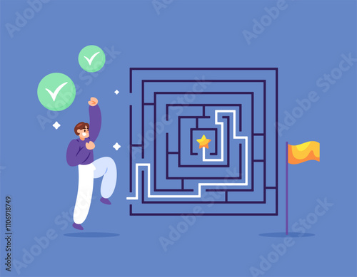 concept of success and challenge. able to complete and win. problem solving and achievement. illustration of a happy man who successfully completed a maze game. flat style design. elements