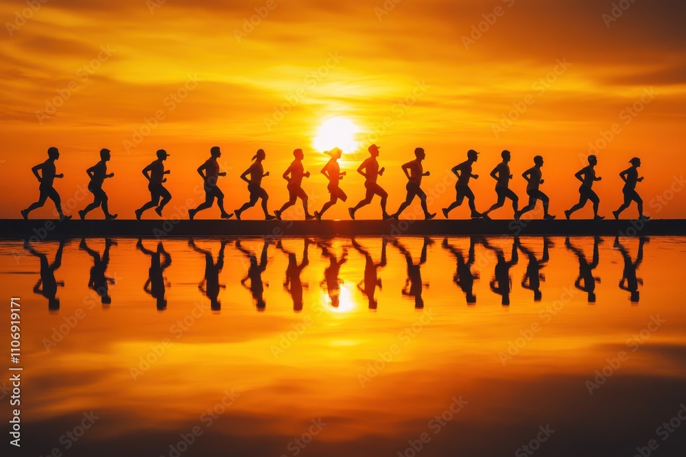 Sunset silhouettes group of runners vibrant orange sky urban landscape motion blur Sunset silhouettes group of runners vibrant orange sky urban landscape motion blur