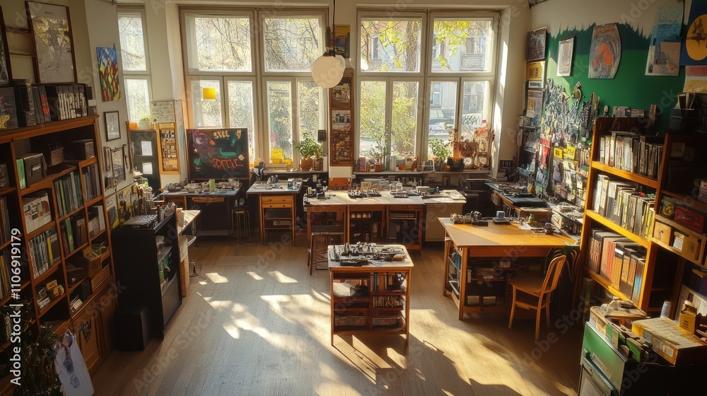 A cozy, well-lit creative workspace filled with art supplies and books. A cozy, well-lit creative workspace filled with art supplies and books.