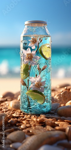Blue soda-can on beach, product photography of whisky bottle