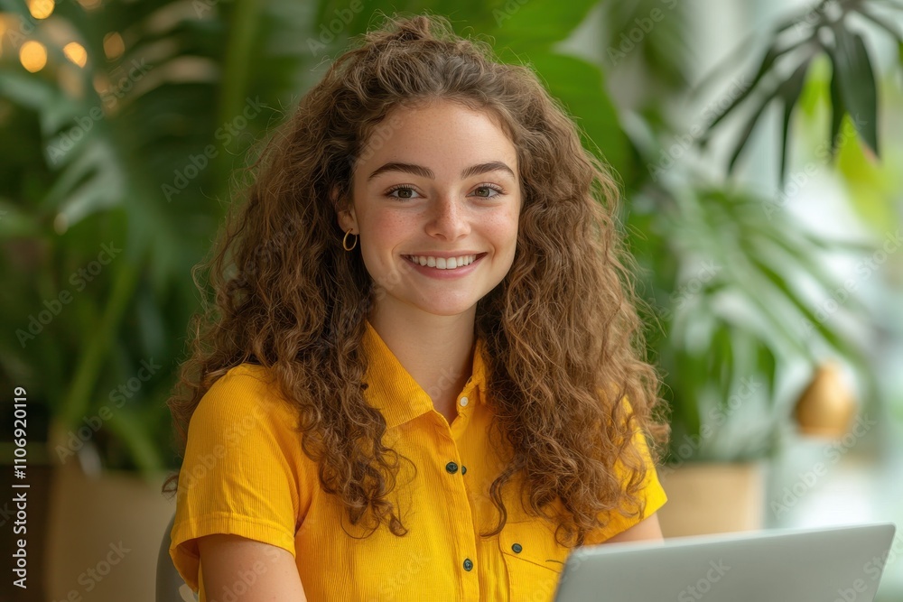 Vibrant portrait, young woman curly hair bright yellow shirt beaming smile working on laptop