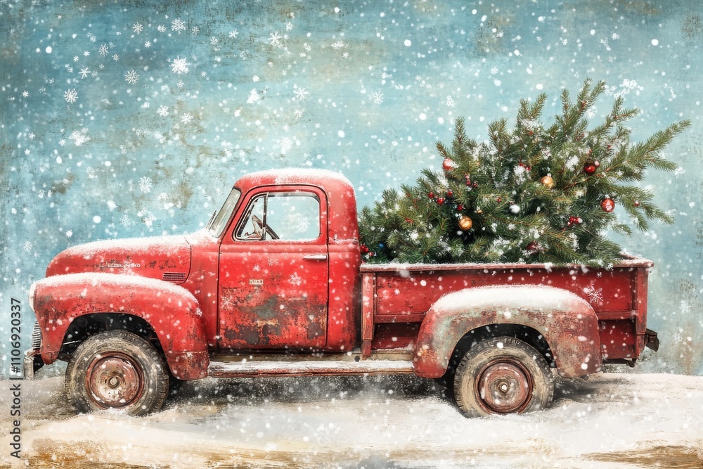 Vintage red pickup truck Christmas tree in truck bed snowy winter scene ...