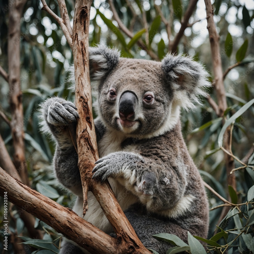 Fototapeta premium A sleepy koala hugging a white branch.