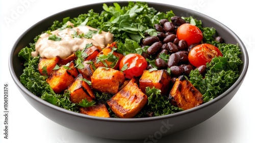 Healthy food kale, roasted sweet potatoes, and beans