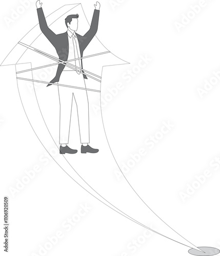 Businessman bound up tied up in red arrow